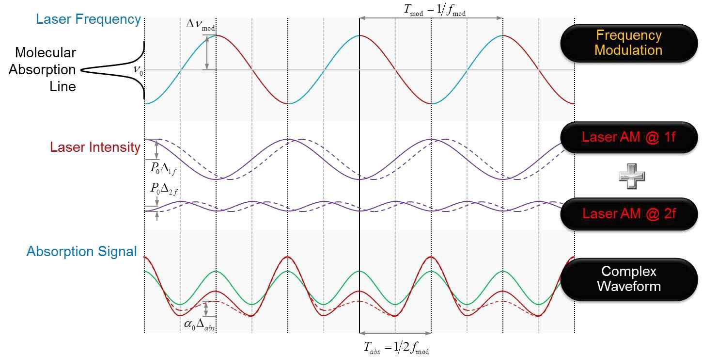 Absorption spectrum waveform using frequency modulation with 1f & 2f residual laser intensity modulation