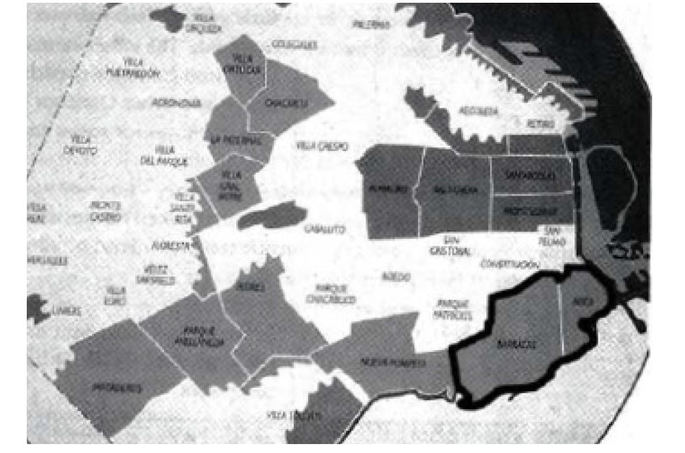 부에노스아이레스의 낮은 소득지역을 짙은 색으로 표시한 지도
