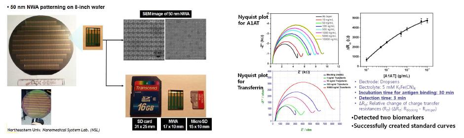 Mass production of nanowell array chip (왼쪽), quantified detection of A1AT (오른쪽)