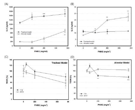 PHMG 노출에 따른 염증성 사이토카인 분비와 TEER 변화,