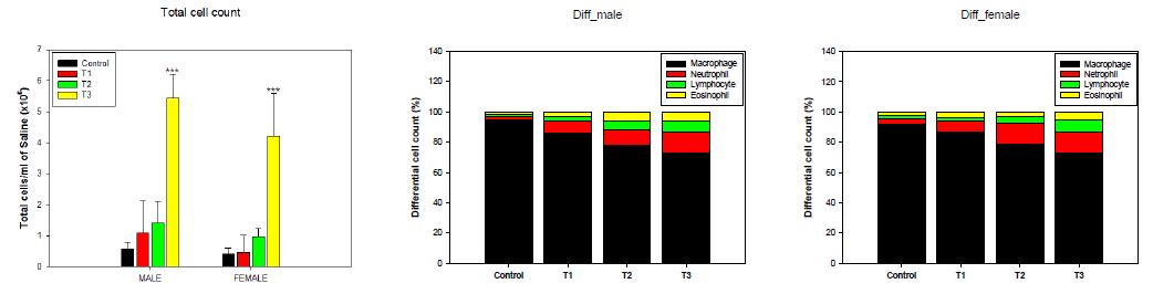 폐내세척액(BAL Fluid)에서의 total cell (좌) 및 differential cell 산정(우)