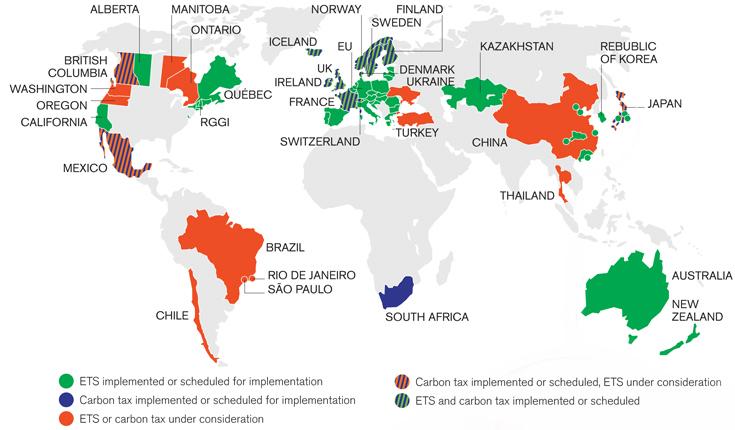 탄소가격화제도 운영 및 계획, 고려중인 국가와 지역 현황
