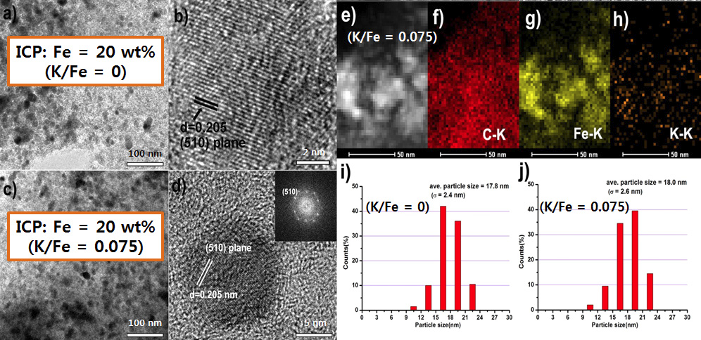 Fe 고담지(20 wt%) 촉매의 TEM(a-d, i, j) 및 STEM-EDS(e-h) 분석결과