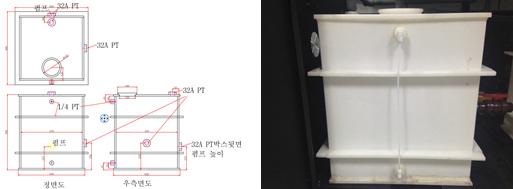 전해액 저장조 설계자료(좌) 및 제작된 전해액 탱크(우)