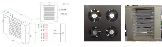 열교환기 설계자료(좌) 및 제작된 열교환장치 및 냉각팬(우)