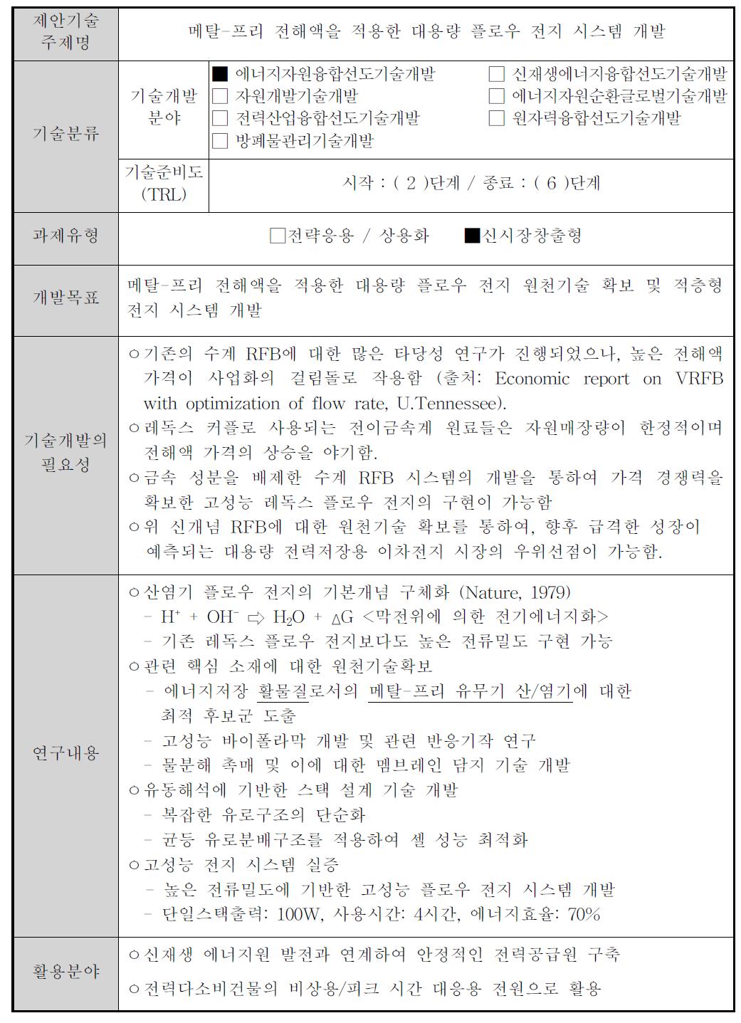 메탈-프리 전해액을 적용한 대용량 플로우 전지 시스템 개발