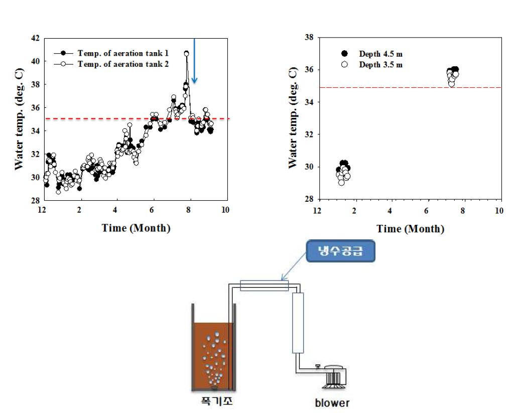 폭기조의 수온(좌)과 수심(우)조절 및 워터자켓(하) 설치 결과