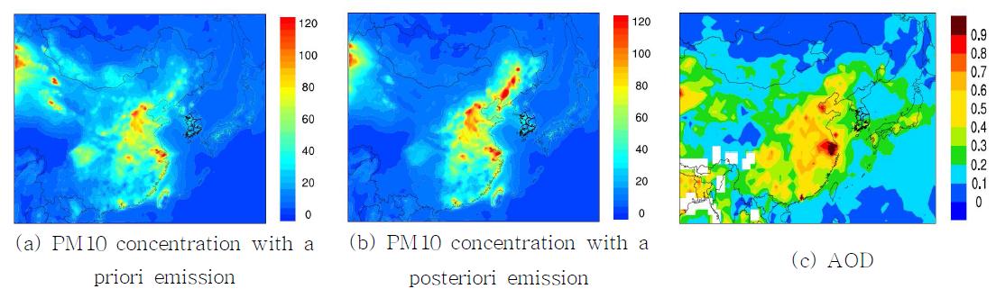 2008년 8월 평균 (a) PM10 농도(사전배출량) (b) PM10 농도(사후배출량), (c) AOD 공간분포.