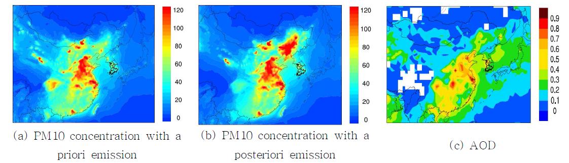 2008년 10월평균 (a) PM10 농도(사전배출량) (b) PM10 농도(사후배출량), (c) AOD 공간분포.