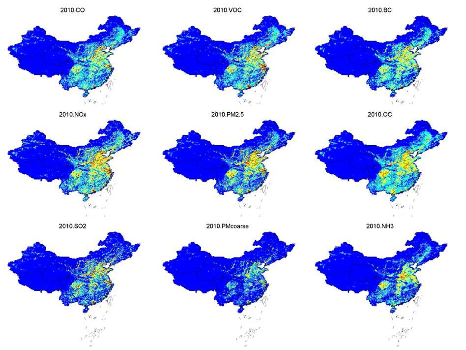 중국 2010년 MEIC 배출량의 공간분포