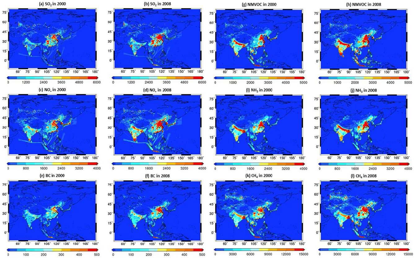 아시아 2000년, 2008년 REAS 배출량 분포