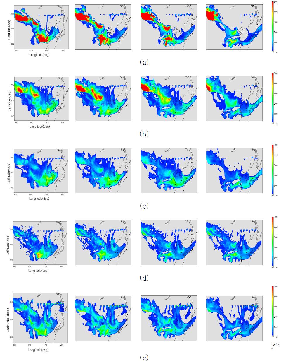 각각 경험식을 이용한 PM10 WRF/CMAQ PM10 농도 분포((a) Wang et al' s formula, (b) the US EPA model, (c) Park and In' s formula, (d) the GOCART model, and (e) the DEAD model at 2007년 3월 31일 1200, 1800UTC, 2007년 4월 1일 0000, 0600UTC).