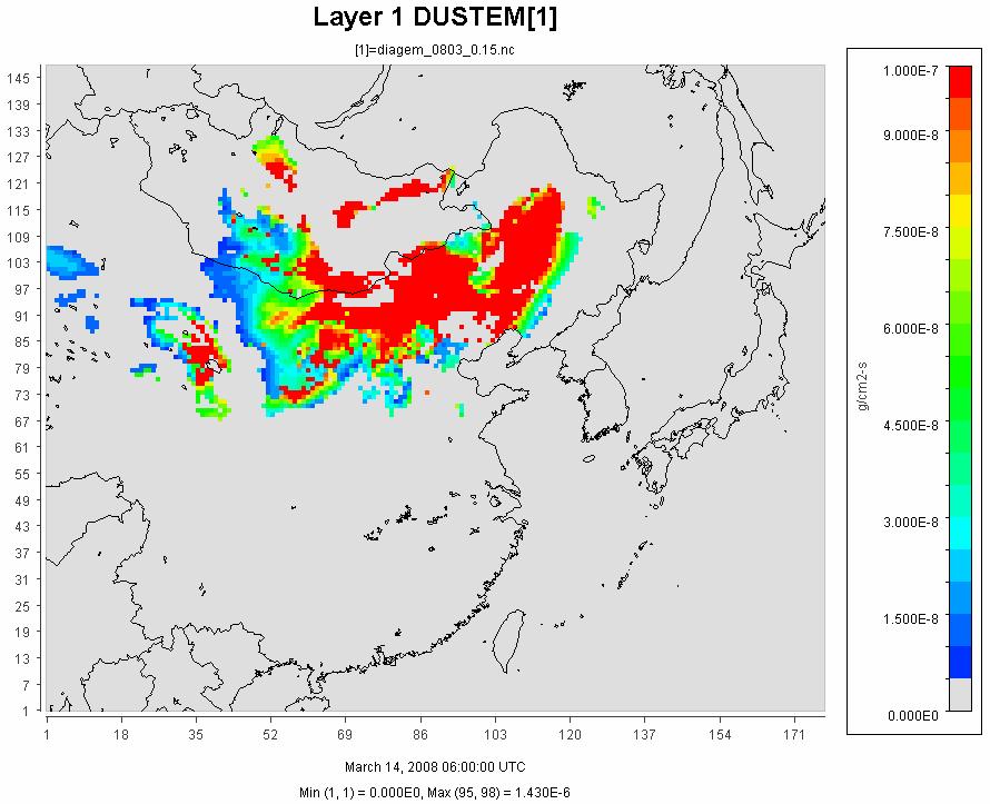 2008년 3월 14일 15시 dust 배출량(g/cm2,s)
