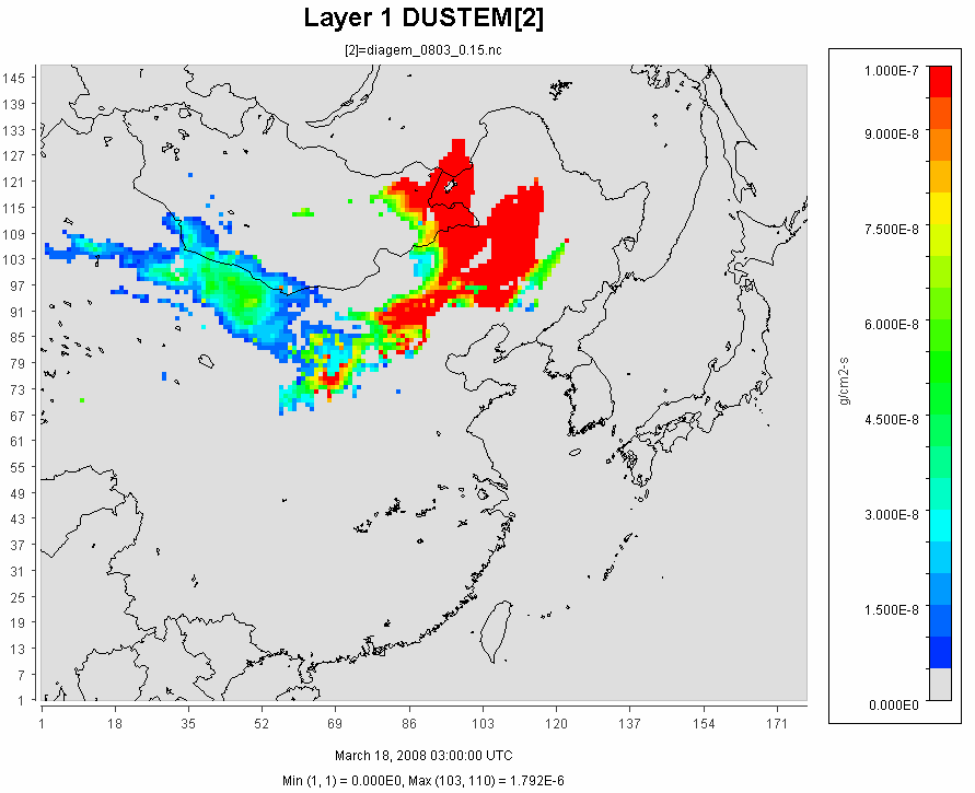 2008년 3월 18일 12시 dust 배출량(g/cm2,s)