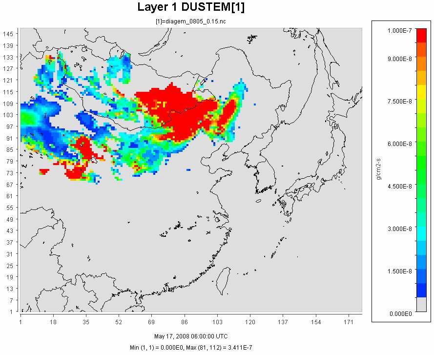 2008년 5월 18일 14시 dust 배출량(g/cm2,s)