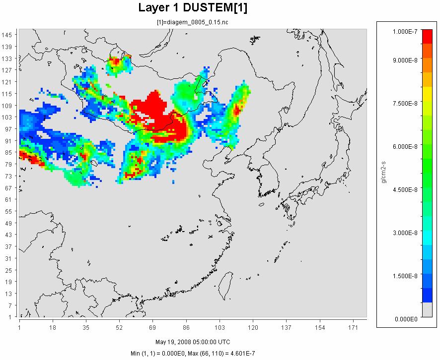 2008년 5월 19일 14시 dust 배출량(g/cm2,s)