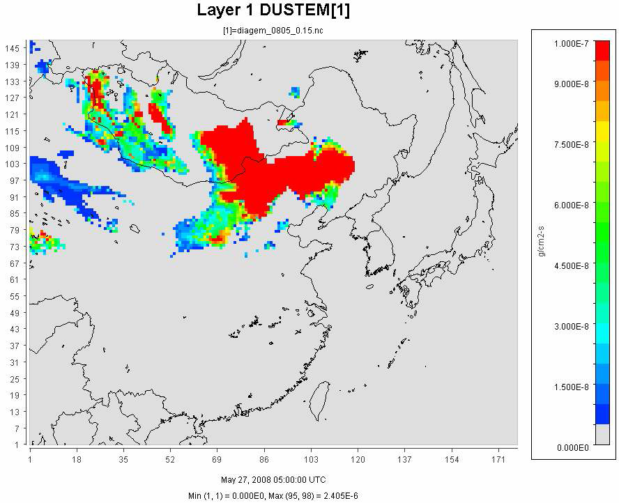 2008년 5월 27일 14시 dust 배출량(g/cm2,s)