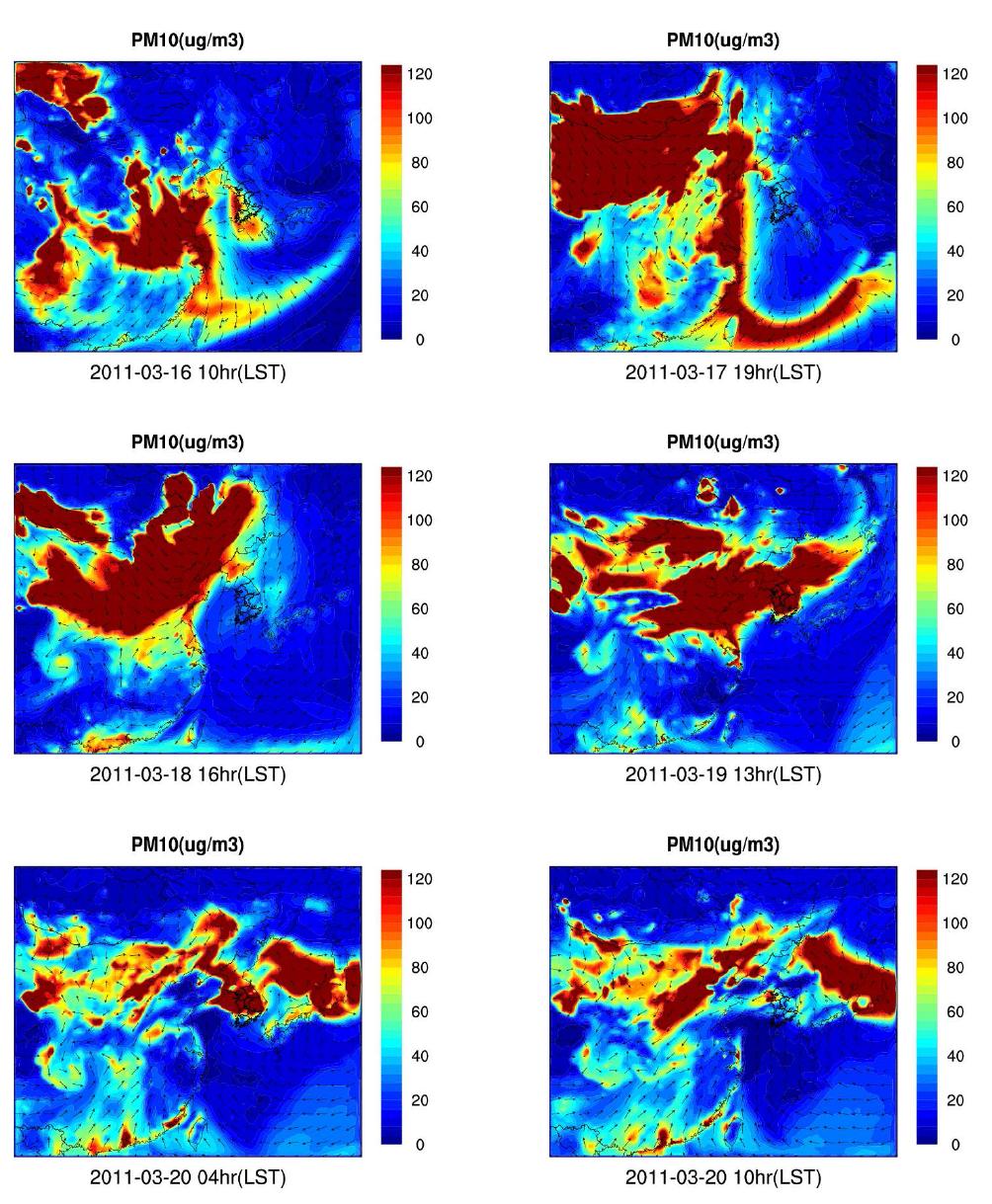 2011년 3월 16일 ∼ 20일 PM10 농도 분포(㎍/m3)