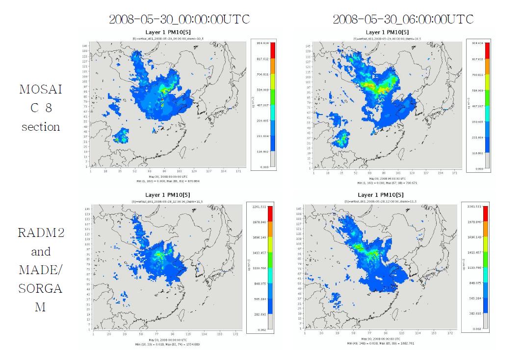 2008년 5월 30일 WRF-Chem 내 세 황사 먼지 옵션(MOSAIC 8 section, RADM2 and MADE/SORGAM, GOCART)에 따른 PM10 농도의 공간적 분포