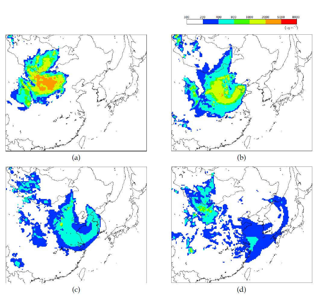 WRF-Chem으로 예측한 PM10의 농도분포((a) 2010.11 2100LST (b) 2010.11.11. 0900LST, (c) 2010.11.11. 2100LST, (d) 2010.11.12. 0900LST).