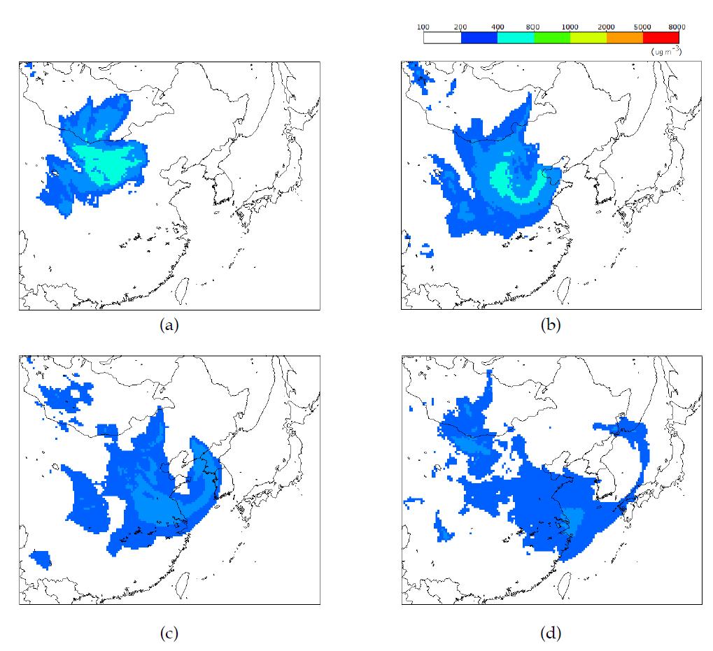 WRF-Chem으로 예측한 PM2.5의 농도분포((a) 2010.11 2100LST (b) 2010.11.11. 0900LST, (c) 2010.11.11. 2100LST, (d) 2010.11.12. 0900LST).