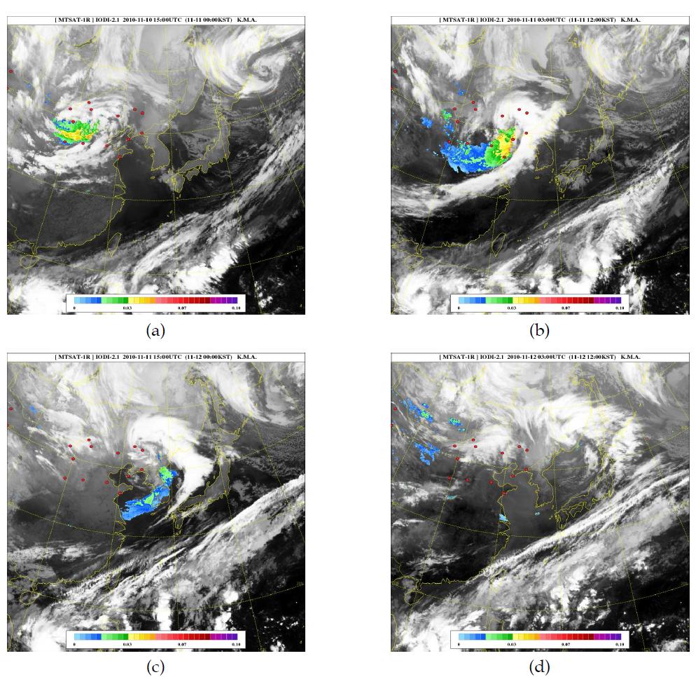 MTSAT-1R에 의한 Image of Infrared Optical Depth Index(IODI) ((a) 2010.11 2100LST (b) 2010.11.11. 0900LST, (c) 2010.11.11. 2100LST, (d) 2010.11.12. 0900LST).