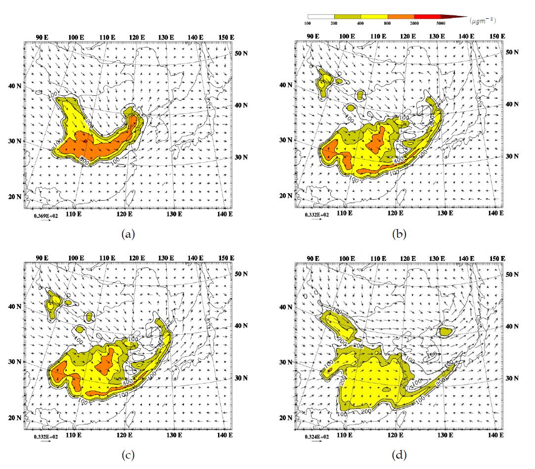 기상청 황사모델로 예측한 PM10의 농도분포((a) 2010.11 2100LST (b) 2010.11.11. 0900LST, (c) 2010.11.11. 2100LST, (d) 2010.11.12. 0900LST).
