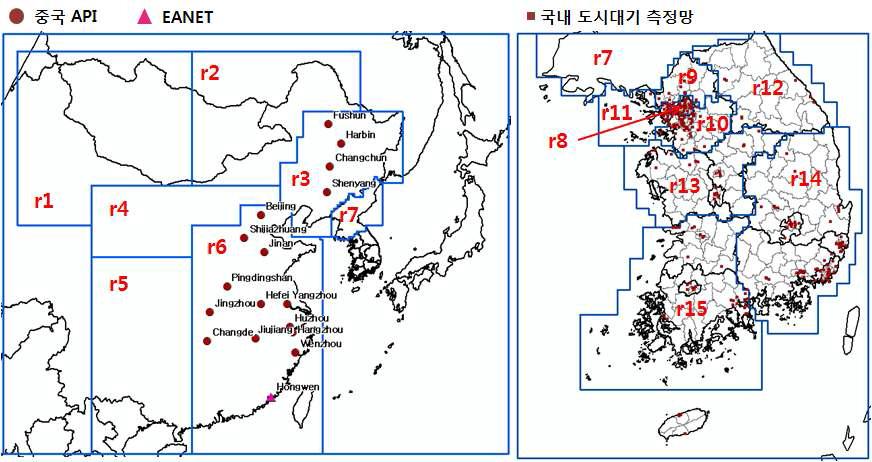 2008년 대상 역모델링을 위한 지역구분 및 측정소 위치