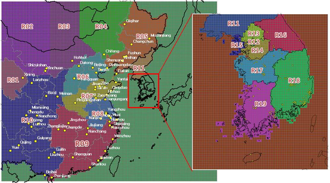 2011년 대상 역모델링을 위한 지역구분 및 측정소 위치