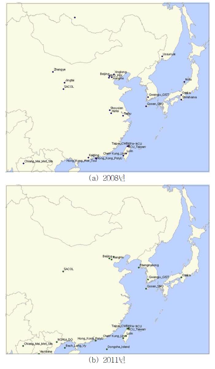 2008년과 2011년의 AERONET 측정지점