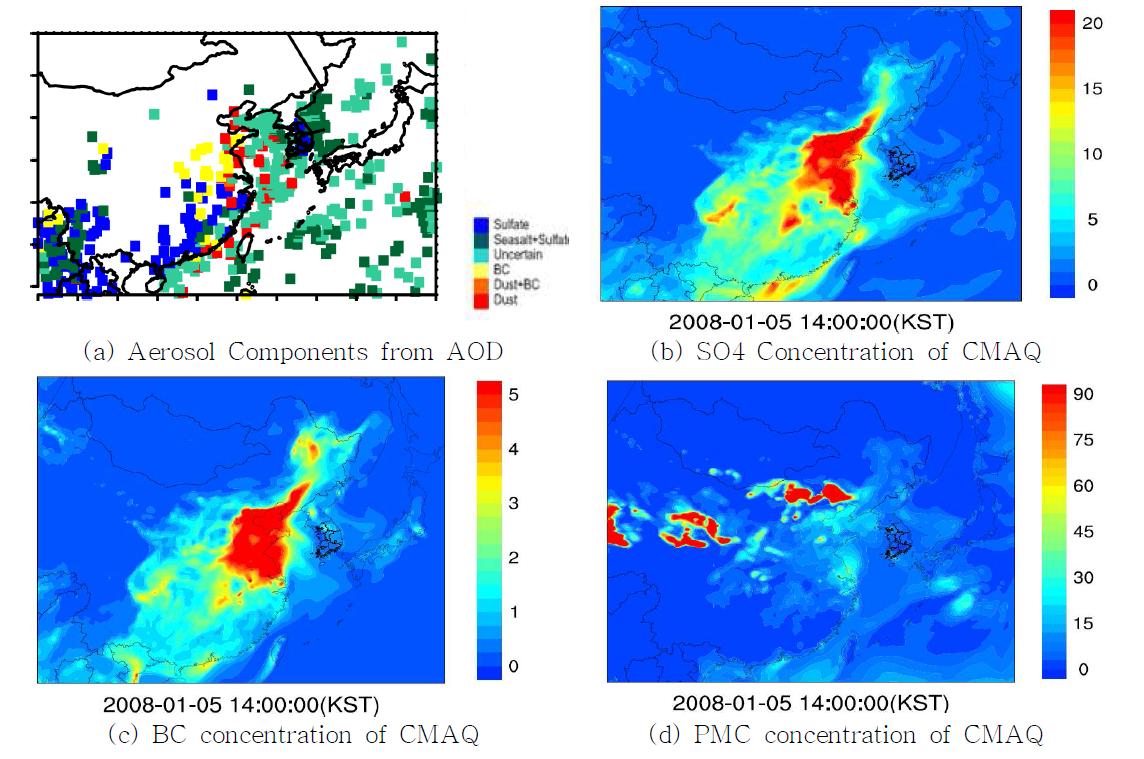 2008년 1월 05일 14시(LST) (a)인공위성 성분, (b)Sulfate 농도, (c)BC 농도, (d)PMC 농도 공간분포.