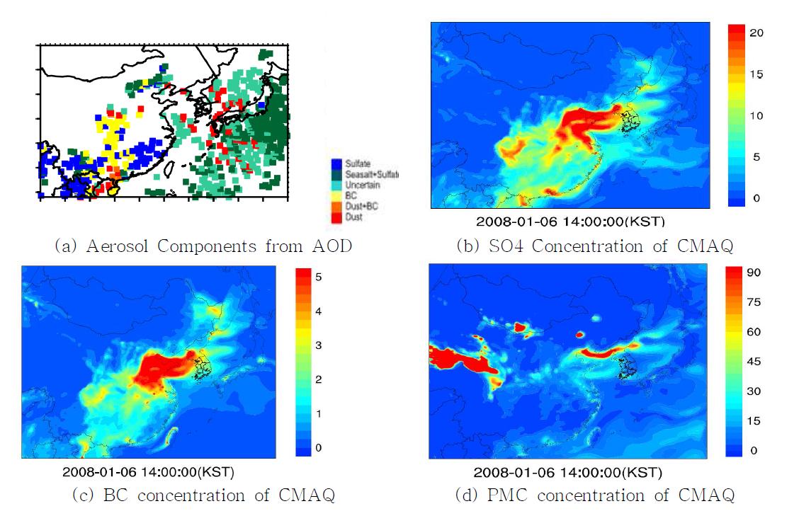 2008년 1월 06일 14시(LST) (a)인공위성 성분, (b)Sulfate 농도, (c)BC 농도, (d)PMC 농도 공간분포.