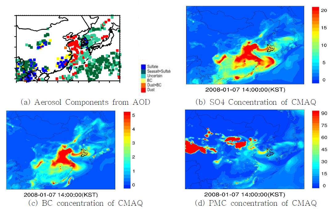 2008년 1월 07일 14시(LST) (a)인공위성 성분, (b)Sulfate 농도, (c)BC 농도, (d)PMC 농도 공간분포.