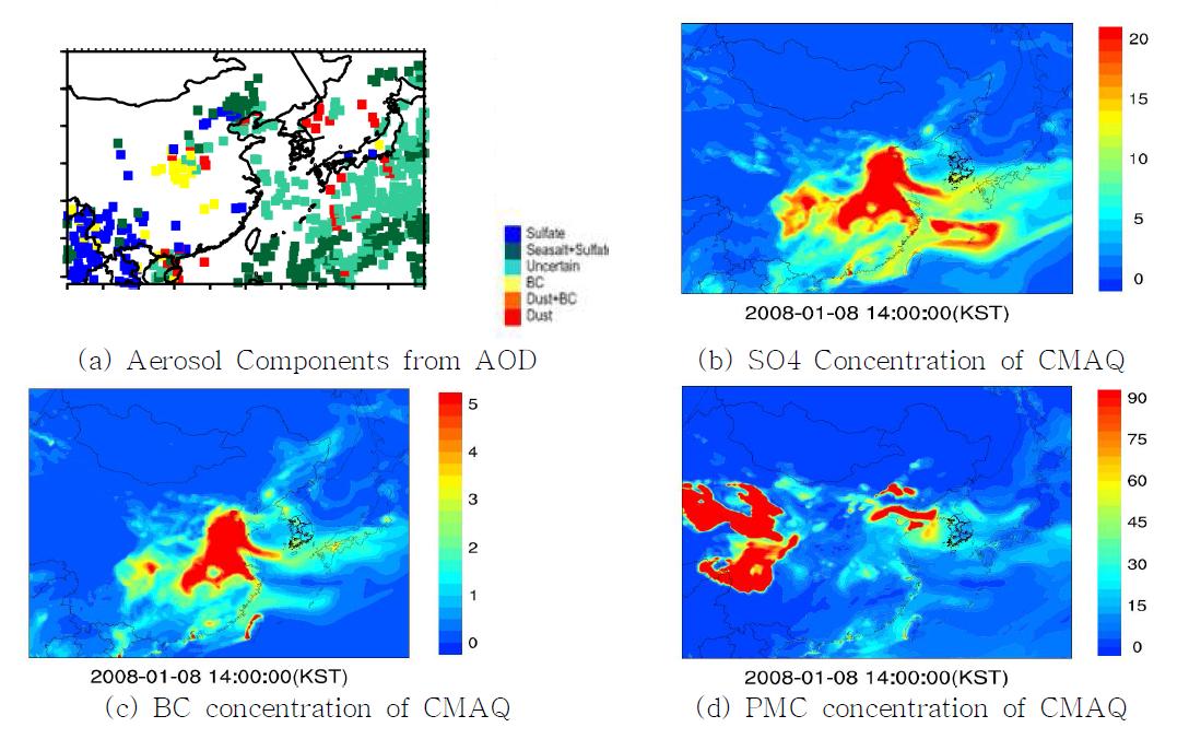 2008년 1월 08일 14시(LST) (a)인공위성 성분, (b)Sulfate 농도, (c)BC 농도, (d)PMC 농도 공간분포.
