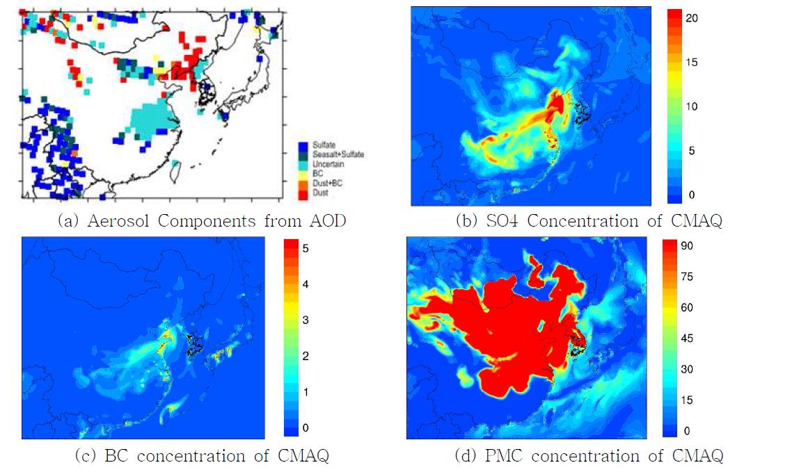 2008년 5월 28일 14시(LST) (a)인공위성 성분, (b)Sulfate 농도, (c)BC 농도, (d)PMC 농도 공간분포.