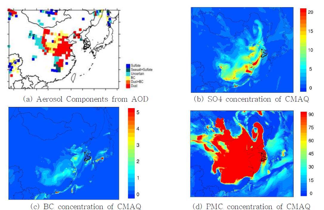 2008년 5월 30일 14시(LST) (a)인공위성 성분, (b)Sulfate 농도, (c)BC 농도, (d)PMC 농도 공간분포.