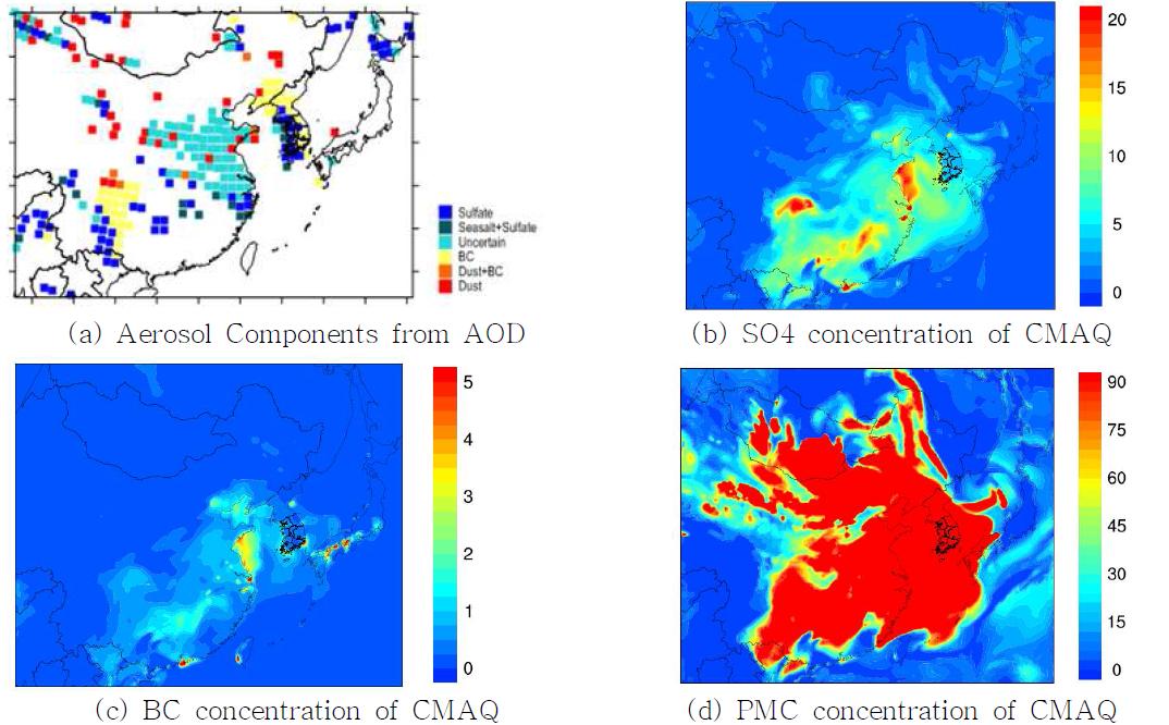 2008년 5월 31일 14시(LST) (a)인공위성 성분, (b)Sulfate 농도, (c)BC 농도, (d)PMC 농도 공간분포.