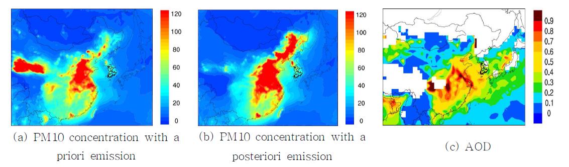 2008년 1월 평균 (a) PM10 농도(사전배출량) (b) PM10 농도(사후배출량), (c) AOD 공간분포.