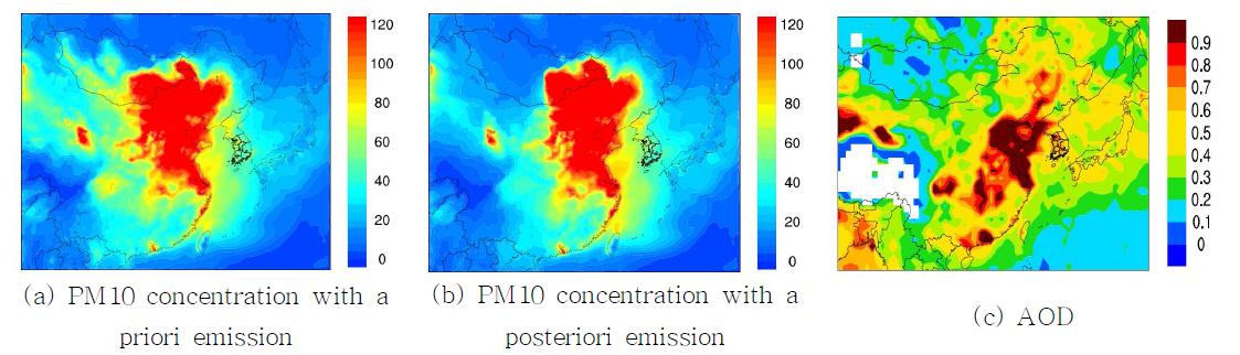 2008년 5월 평균 (a) PM10 농도(사전배출량) (b) PM10 농도(사후배출량), (c) AOD 공간분포.