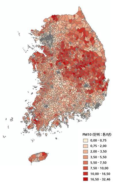 전국 농업잔재물 소각에 의한 PM10 배출분포