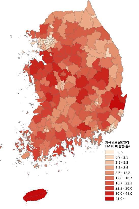 화목난로와 화목보일러 PM10 배출분포