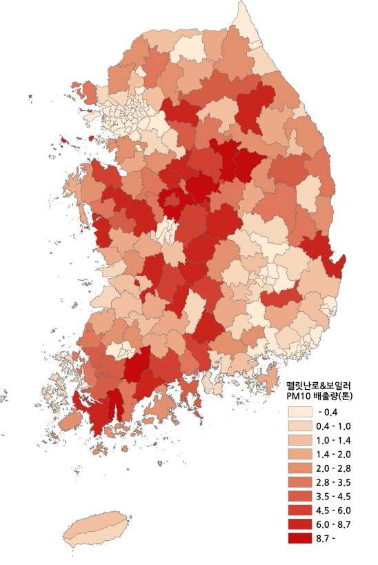 펠릿난로 및 보일러 PM10 배출분포