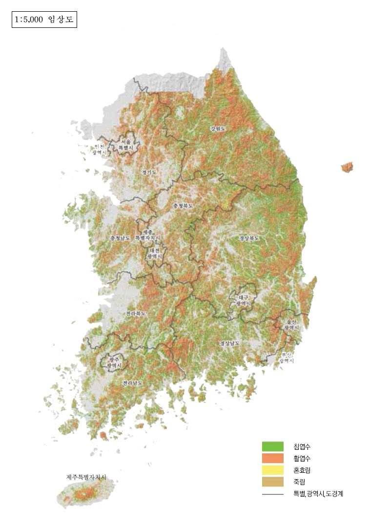 우리나라의 수종별 임상 분포도