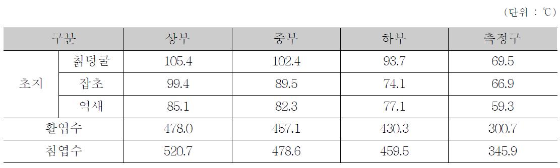 연료 연소 실험에 따른 연소실 온도