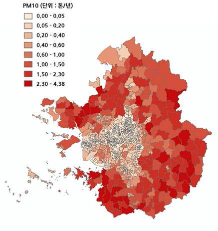 수도권 생활폐기물 소각에 의한 PM10 배출분포