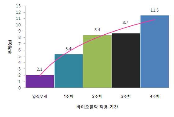 바이오플락 시스템을 적용한 뱀장어 개체 성장 무게(g) 결과