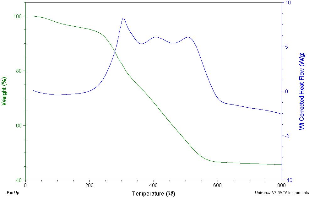 하수슬러지와 유연탄무게비로 20 : 1로혼합된연료탄의열분석(TGA, DTG)