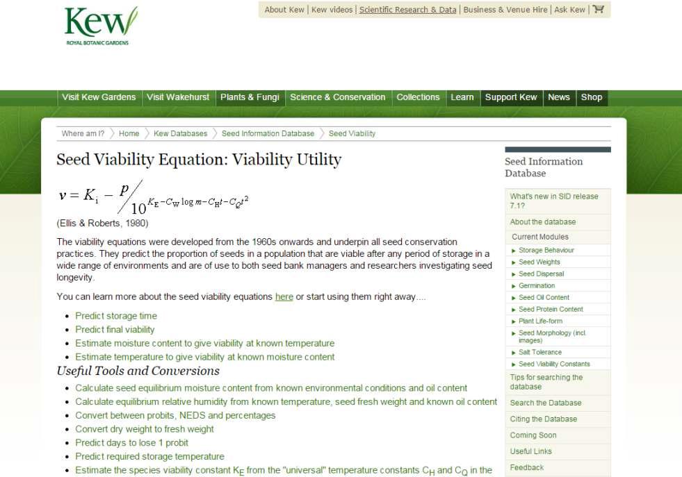 Kew의 Seed viability equation: Viability utility web site(data.kew.org/sid/viability)