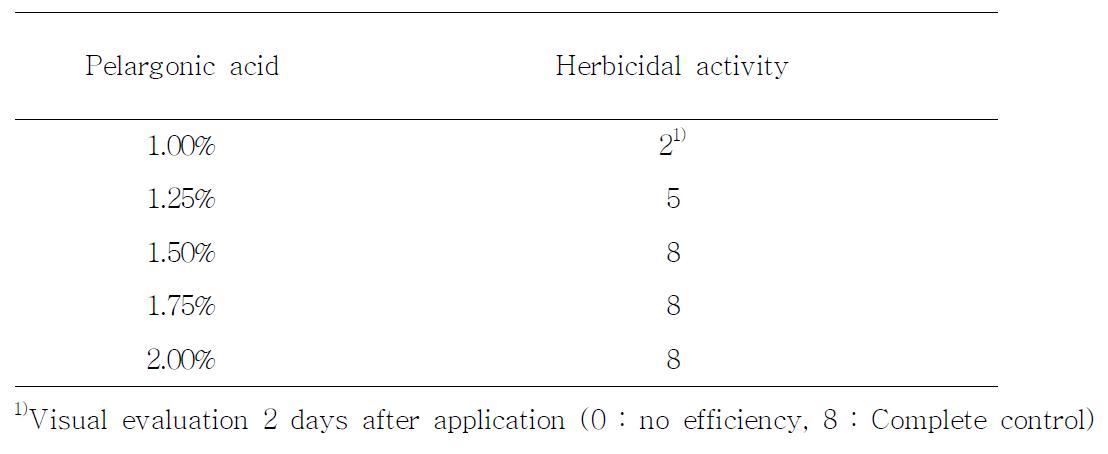 가시박에 대한 PA1의 다양한 Pelargonic acid 농도 처리 2일 후 살초 효과