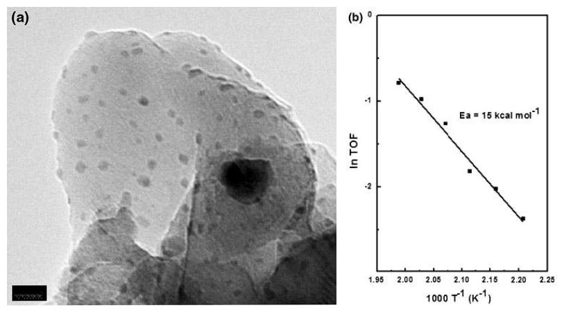 (a) Transmission electron microscopy images of Pt-FeCr alloy nanoparticles produced by the electrical wire explosion process (b) Arrhenius plots for CO oxidation showing the activation energy of 15 kcal/mol